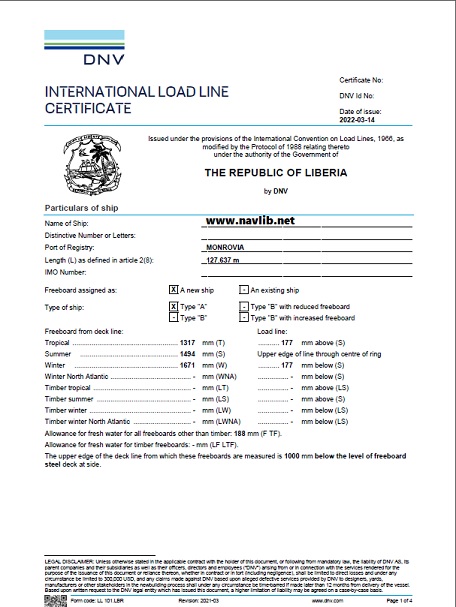 International Load Line Certificate standard form