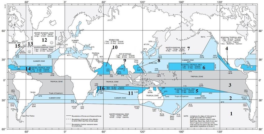 International load line seasonal zones and areas map