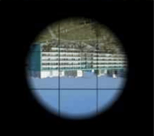 View through telescope reticle with aligned horizon